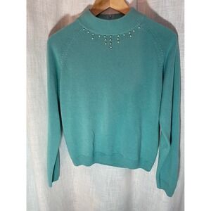 Vintage Crystal Kobe Sweater Pearl Embellished Mock Neck Turquoise Blue PL EUC